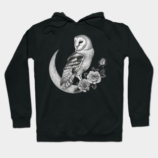 Barn Owl Sitting on a Moon & Roses, Gothic Hoodie